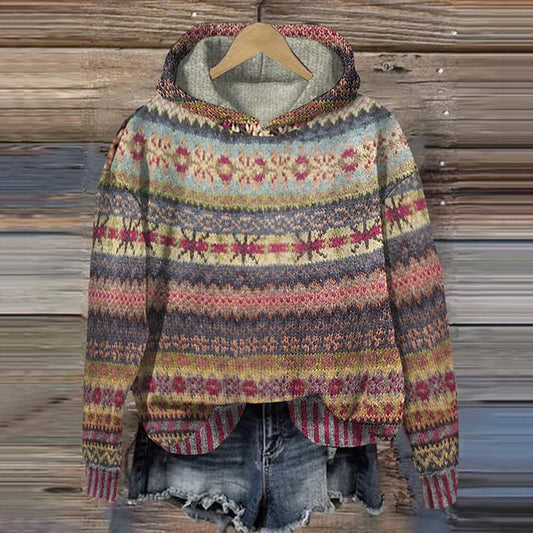 Folk Pattern Hooded Sweater with Drawstring Hood and Cuffs for Women