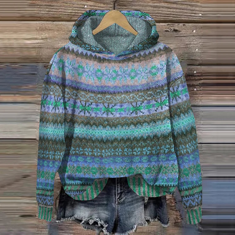 Folk Pattern Hooded Sweater with Drawstring Hood and Cuffs for Women