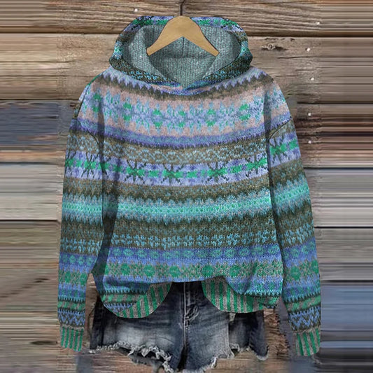 Folk Pattern Hooded Sweater with Drawstring Hood and Cuffs for Women