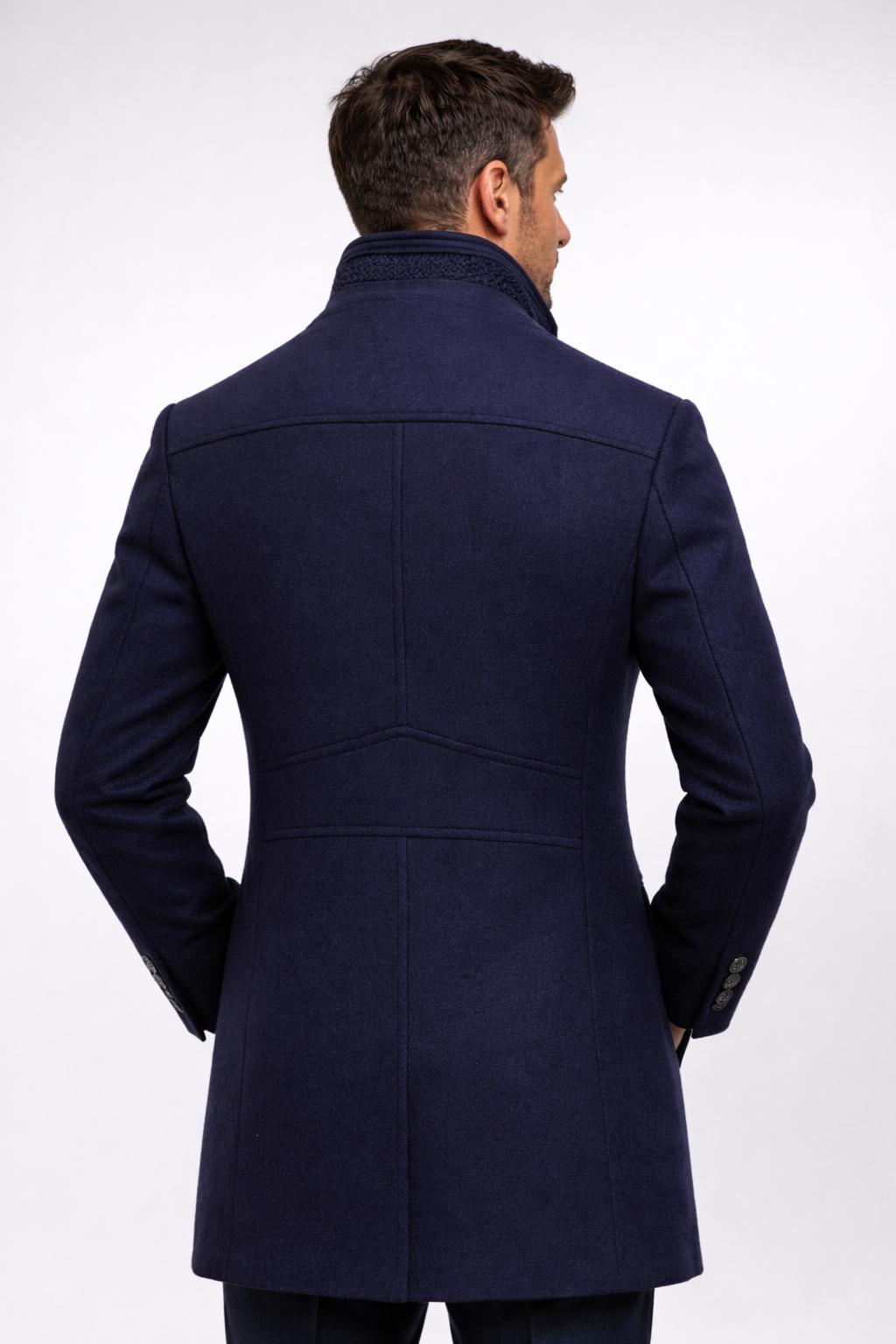 Stand Collar Overcoat with Layered Scarf Insert and Buttons for Men