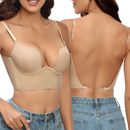 Plunge Backless Bra with Adjustable Straps and Soft Cups for Women