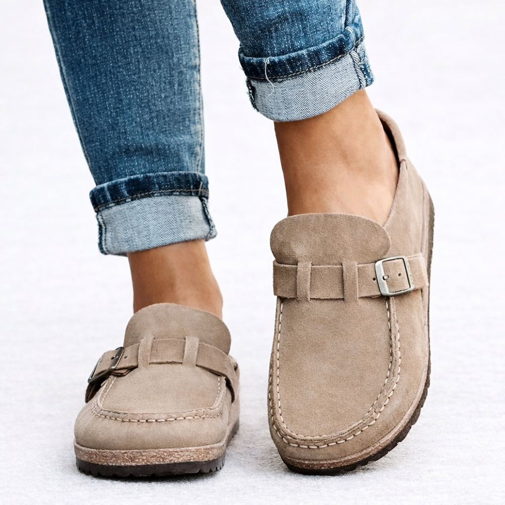Closed Toe Clogs with Buckle Strap and Contoured Footbed for Women