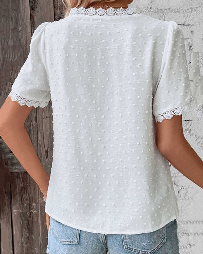 Dotted Texture Blouse with Openwork Trim and Short Sleeves for Women