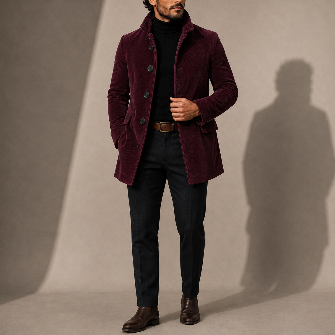Single Breasted Overcoat with Notch Lapels and Button Front for Men
