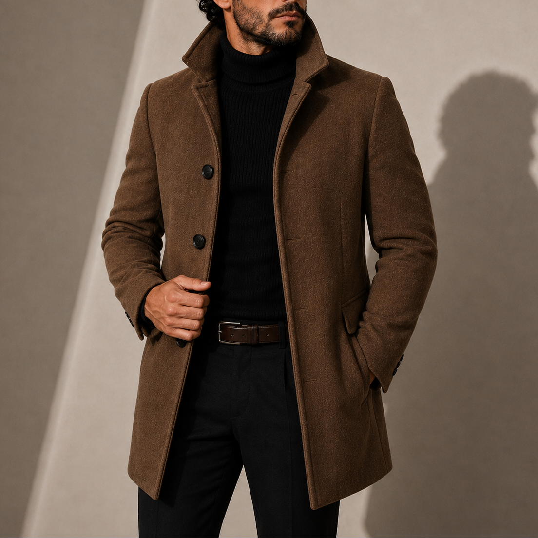 Single Breasted Overcoat with Notch Lapels and Button Front for Men