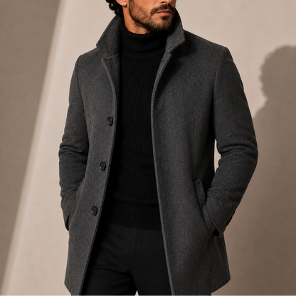Single Breasted Overcoat with Notch Lapels and Button Front for Men