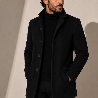 Single Breasted Overcoat with Notch Lapels and Button Front for Men