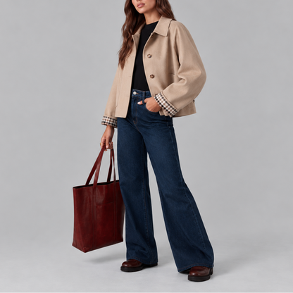 Cropped Trench Jacket with Button Front and Check Cuffs for Women