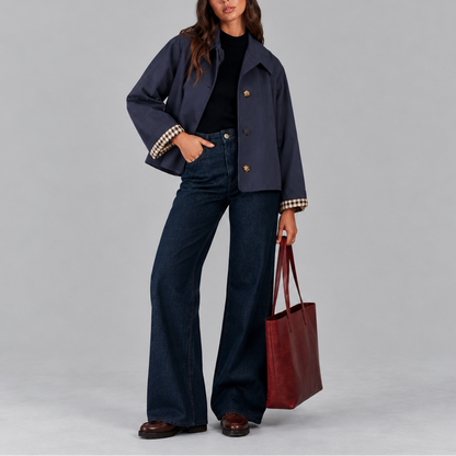 Cropped Trench Jacket with Button Front and Check Cuffs for Women