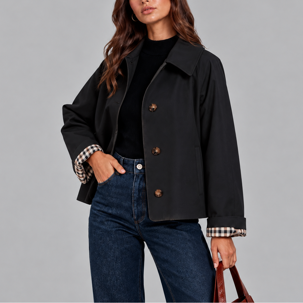 Cropped Trench Jacket with Button Front and Check Cuffs for Women