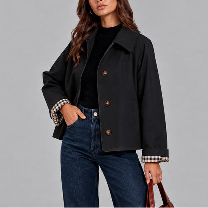 Cropped Trench Jacket with Button Front and Check Cuffs for Women