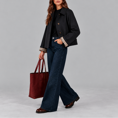 Cropped Trench Jacket with Button Front and Check Cuffs for Women