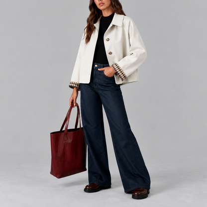 Cropped Trench Jacket with Button Front and Check Cuffs for Women
