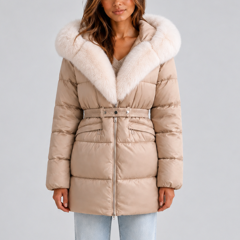 Puffer Coat with Hood and Belt for Women