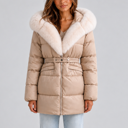 Puffer Coat with Hood and Belt for Women