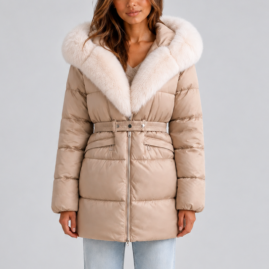 Puffer Coat with Hood and Belt for Women