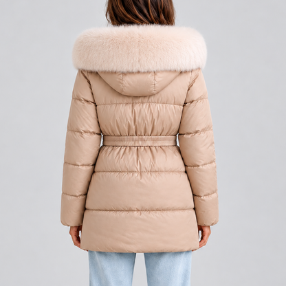 Puffer Coat with Hood and Belt for Women