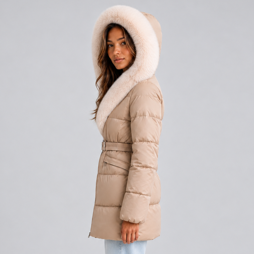 Puffer Coat with Hood and Belt for Women