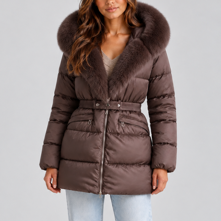 Puffer Coat with Hood and Belt for Women