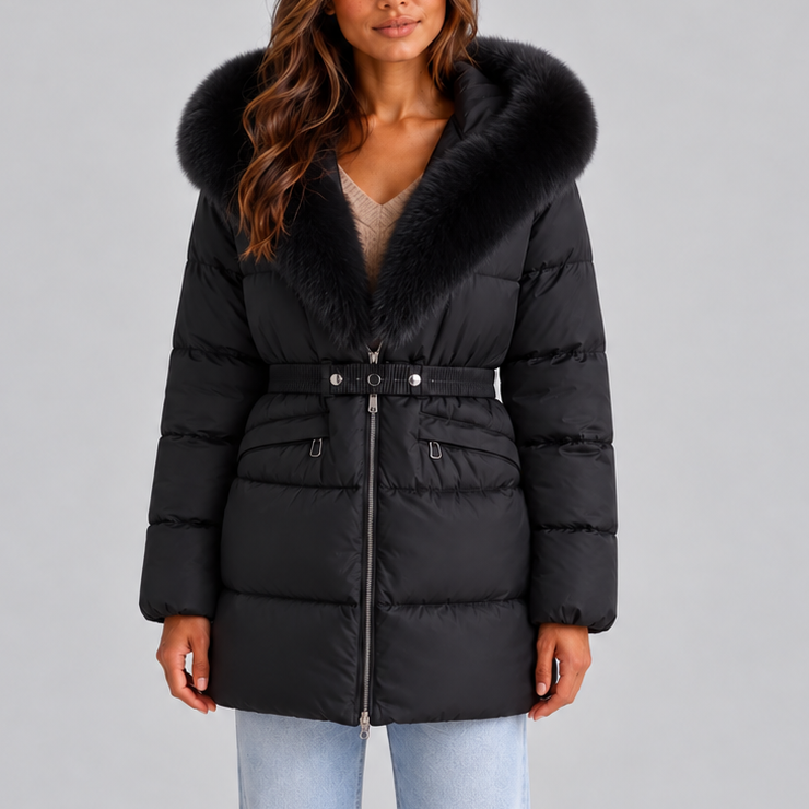 Puffer Coat with Hood and Belt for Women