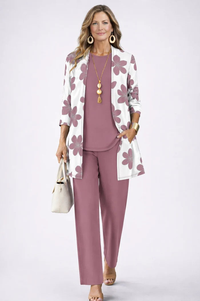 Three Piece Pant Set with Printed Duster Jacket and Top for Women