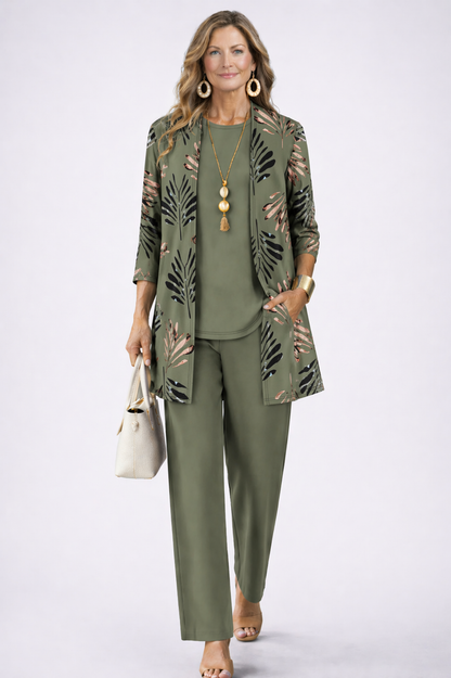 Three Piece Set with Printed Long Jacket and Straight Pants for Women