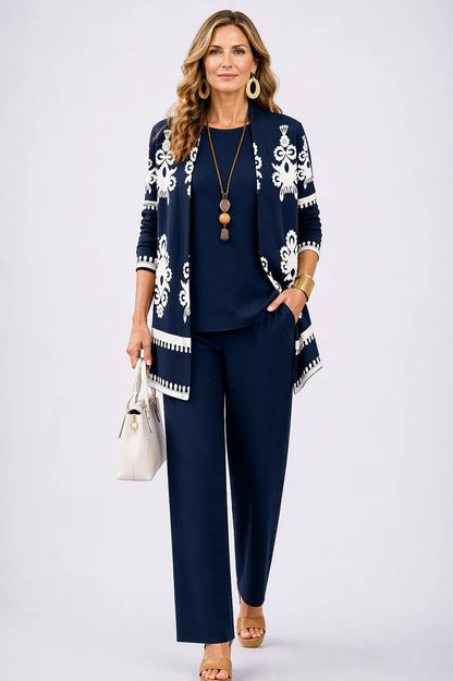 Three Piece Set with Printed Long Jacket and Straight Pants for Women