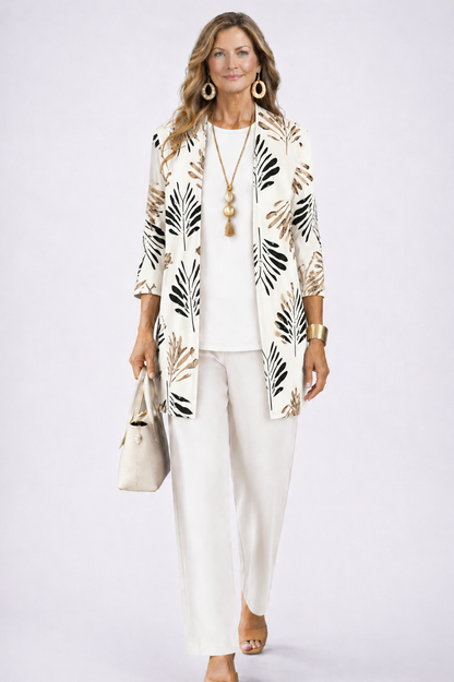 Three Piece Set with Printed Long Jacket and Straight Pants for Women