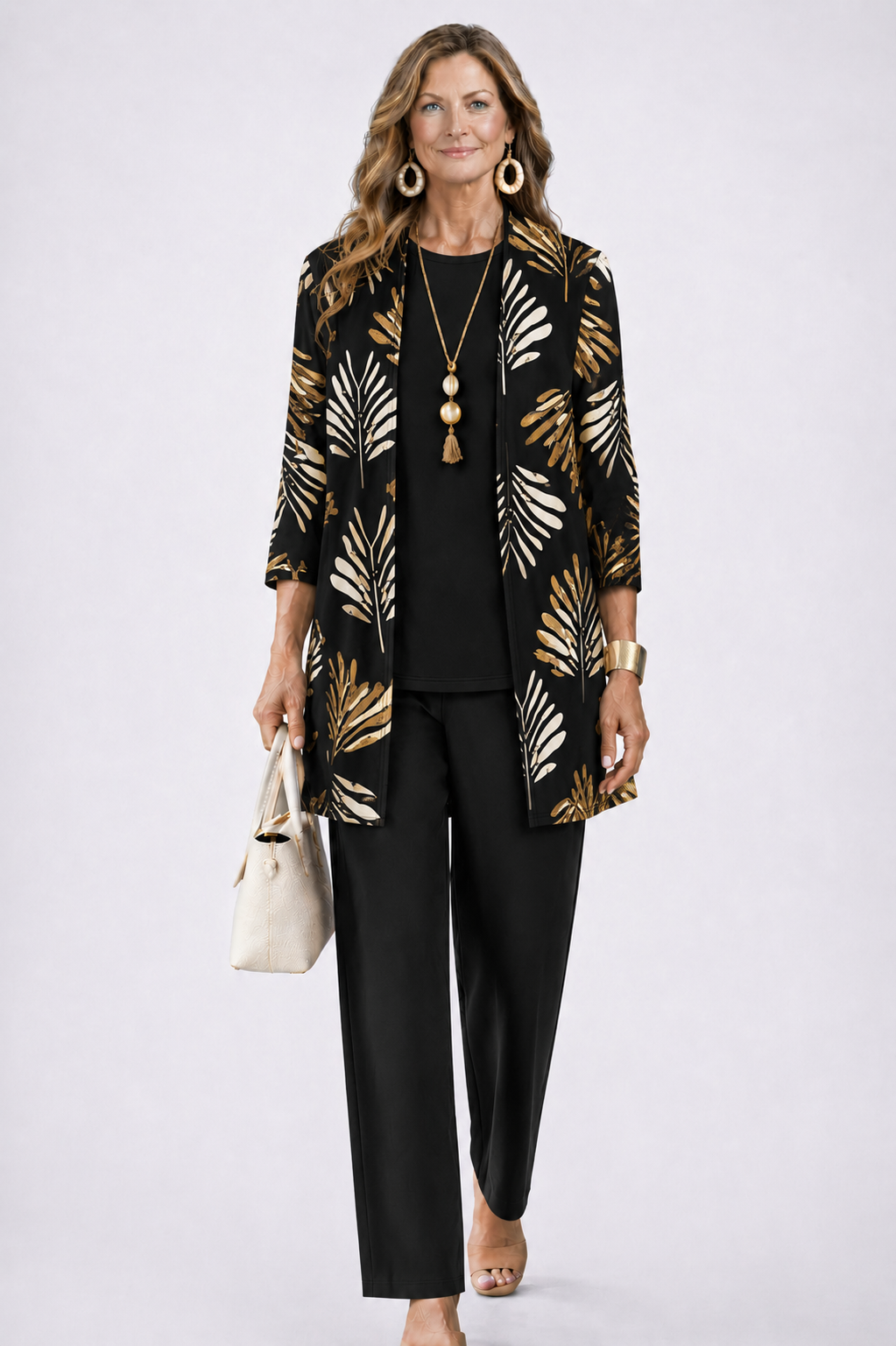 Three Piece Set with Printed Long Jacket and Straight Pants for Women