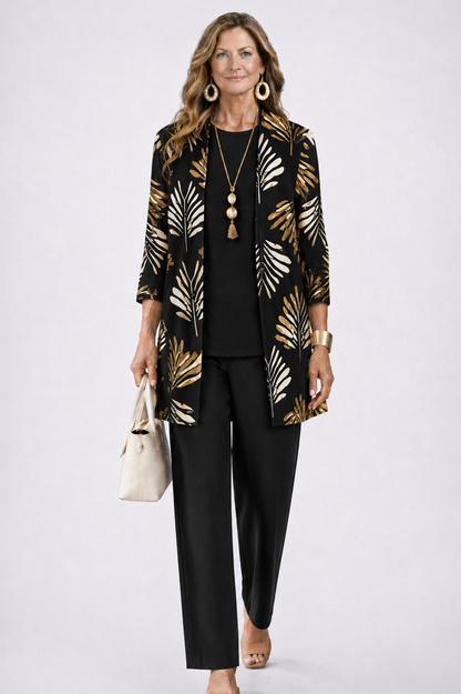 Three Piece Set with Printed Long Jacket and Straight Pants for Women