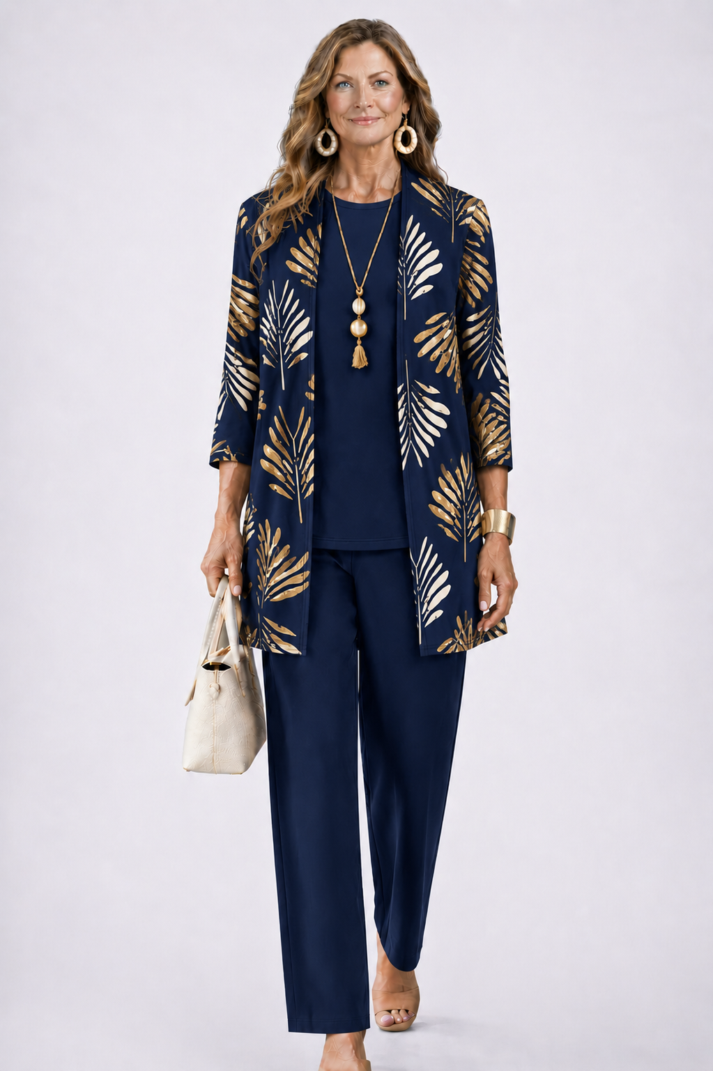 Three Piece Set with Printed Long Jacket and Straight Pants for Women