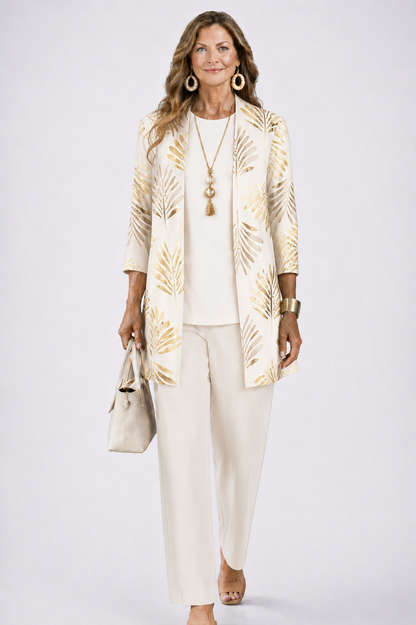 Three Piece Set with Printed Long Jacket and Straight Pants for Women