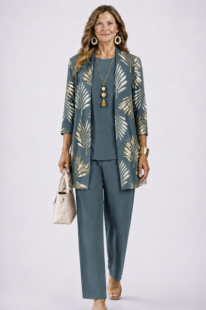 Three Piece Set with Printed Long Jacket and Straight Pants for Women