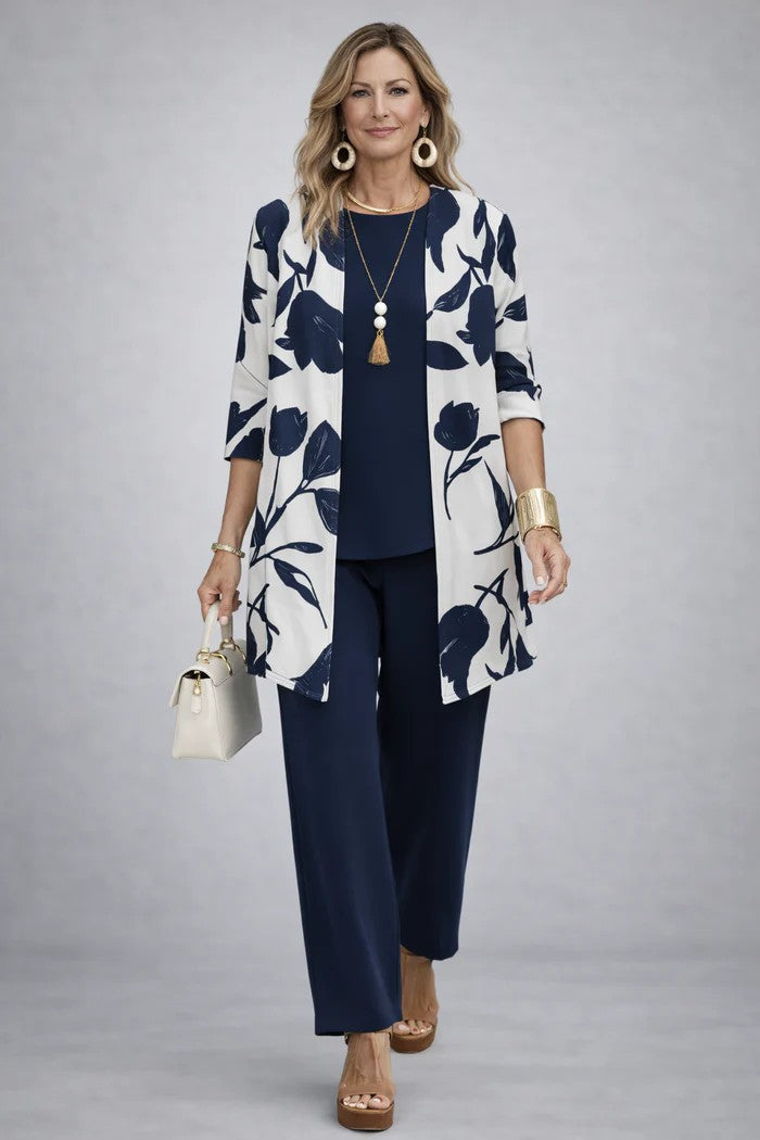 Three Piece Pant Set with Printed Duster Jacket and Top for Women