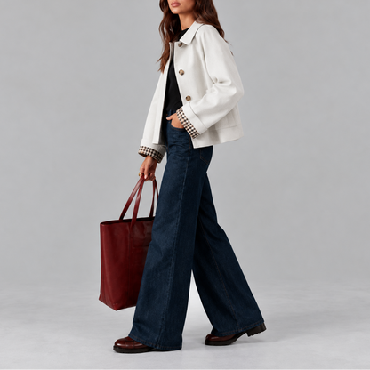 Cropped Trench Jacket with Button Front and Check Cuffs for Women
