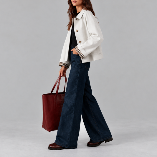 Cropped Trench Jacket with Button Front and Check Cuffs for Women