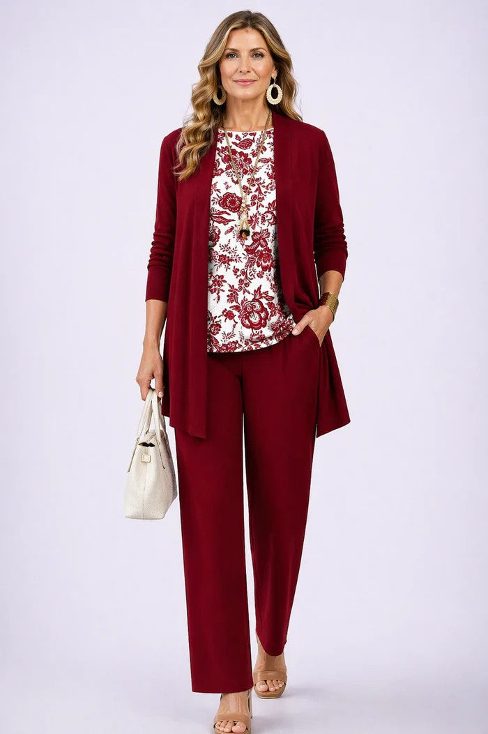 Three Piece Set with Printed Long Jacket and Straight Pants for Women