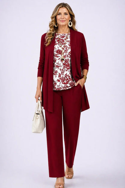 Three Piece Set with Printed Long Jacket and Straight Pants for Women