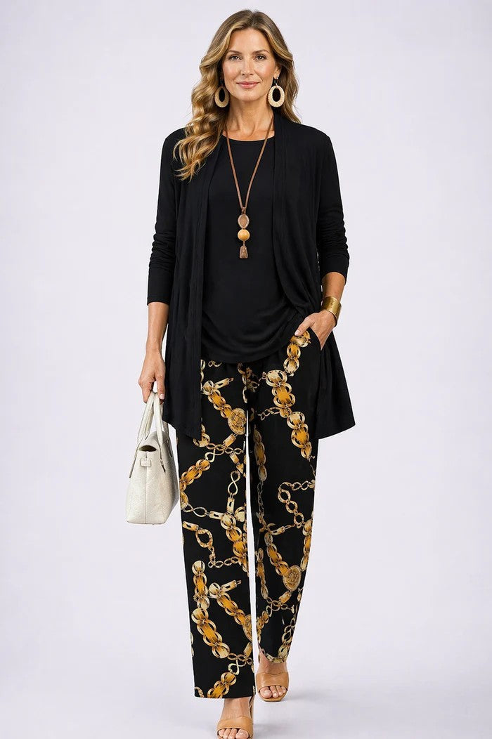 Three Piece Set with Printed Long Jacket and Straight Pants for Women