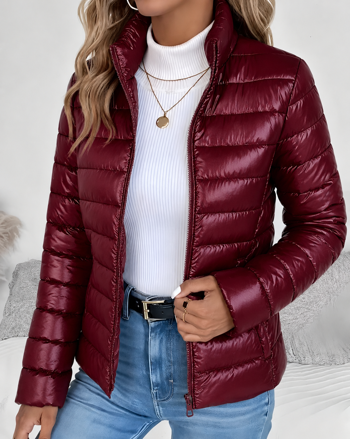 Insulated Puffer Jacket with Adjustable Hood and Pockets for Women