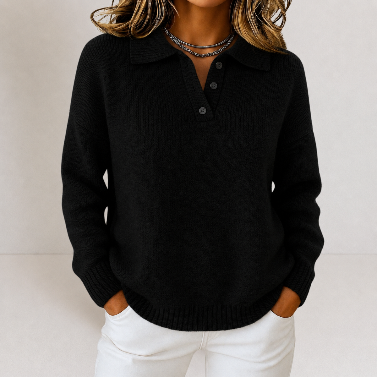 Polo Collar Sweater with Button Placket and Relaxed Fit for Women