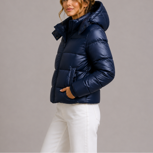 Lightweight Puffer Jacket with Hood and Water-Resistant Fabric for Women
