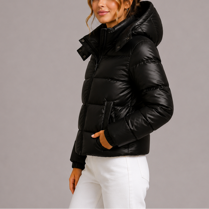 Lightweight Puffer Jacket with Hood and Water-Resistant Fabric for Women