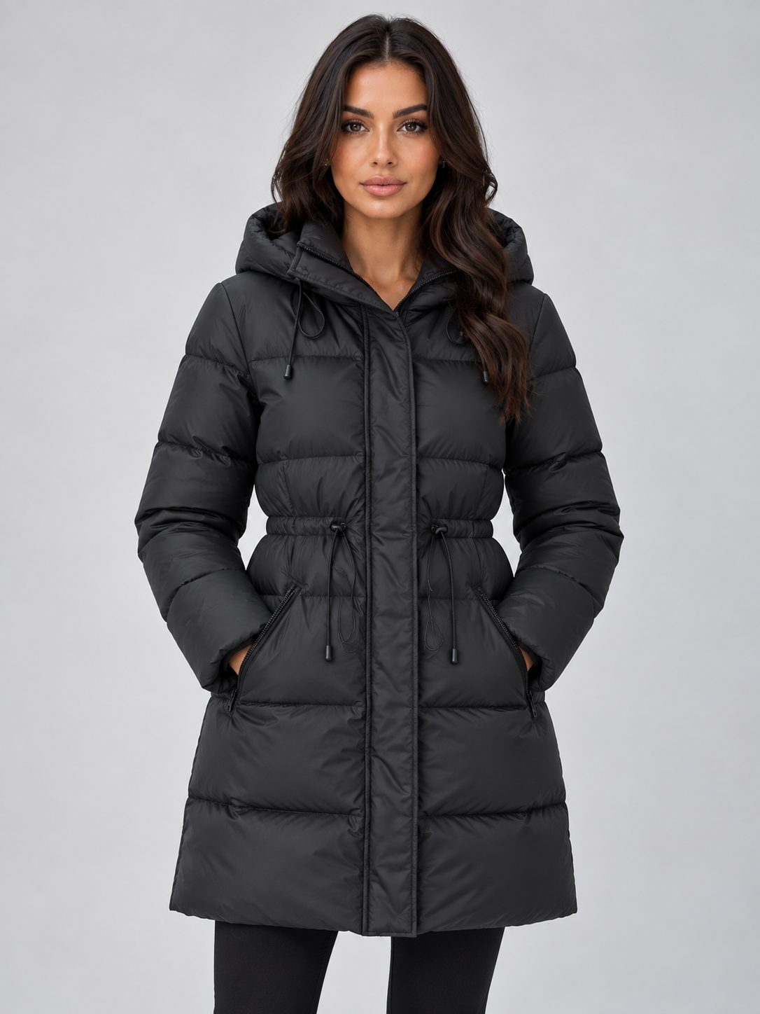 Quilted Puffer Coat with Drawstring Waist and Attached Hood for Women