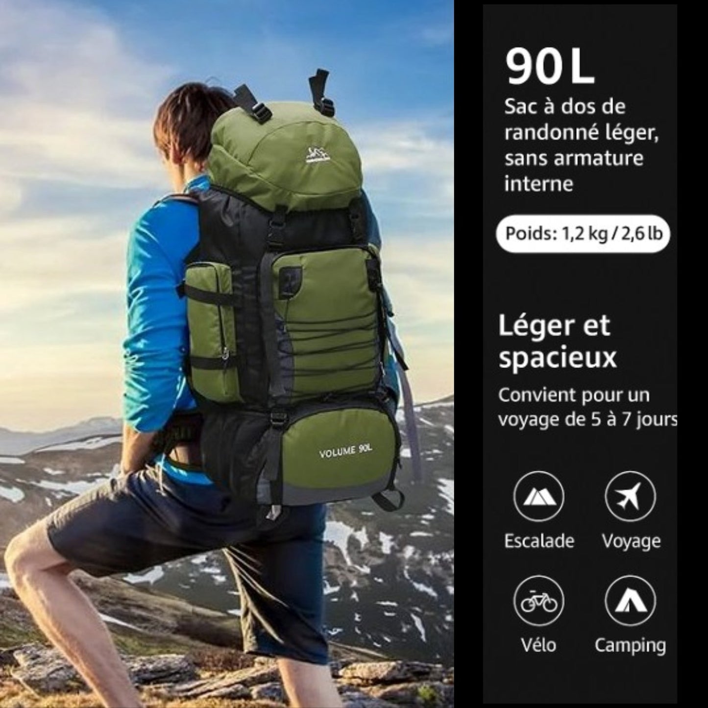 Grand Sac à Dos de Randonnée pour Homme 90 Litres Pratique et Spacieux