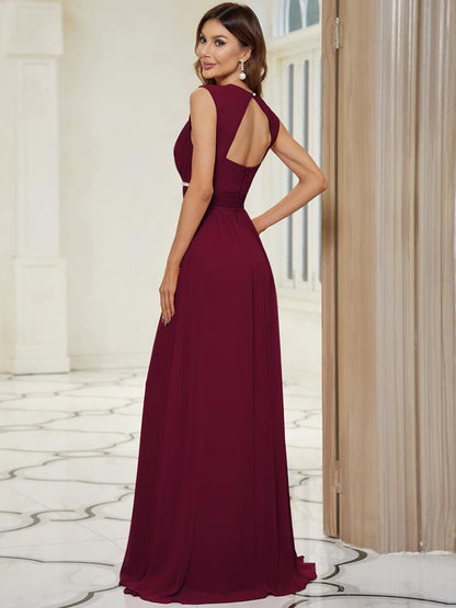 Robe longue de demoiselle d'honneur froncée à col en V