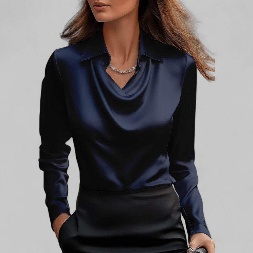 Draped Cowl Neck Blouse with Collar and Long Sleeves for Women
