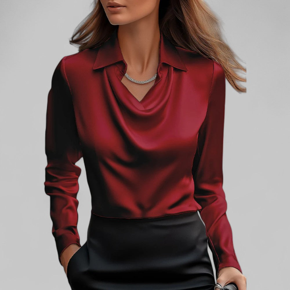 Draped Cowl Neck Blouse with Collar and Long Sleeves for Women