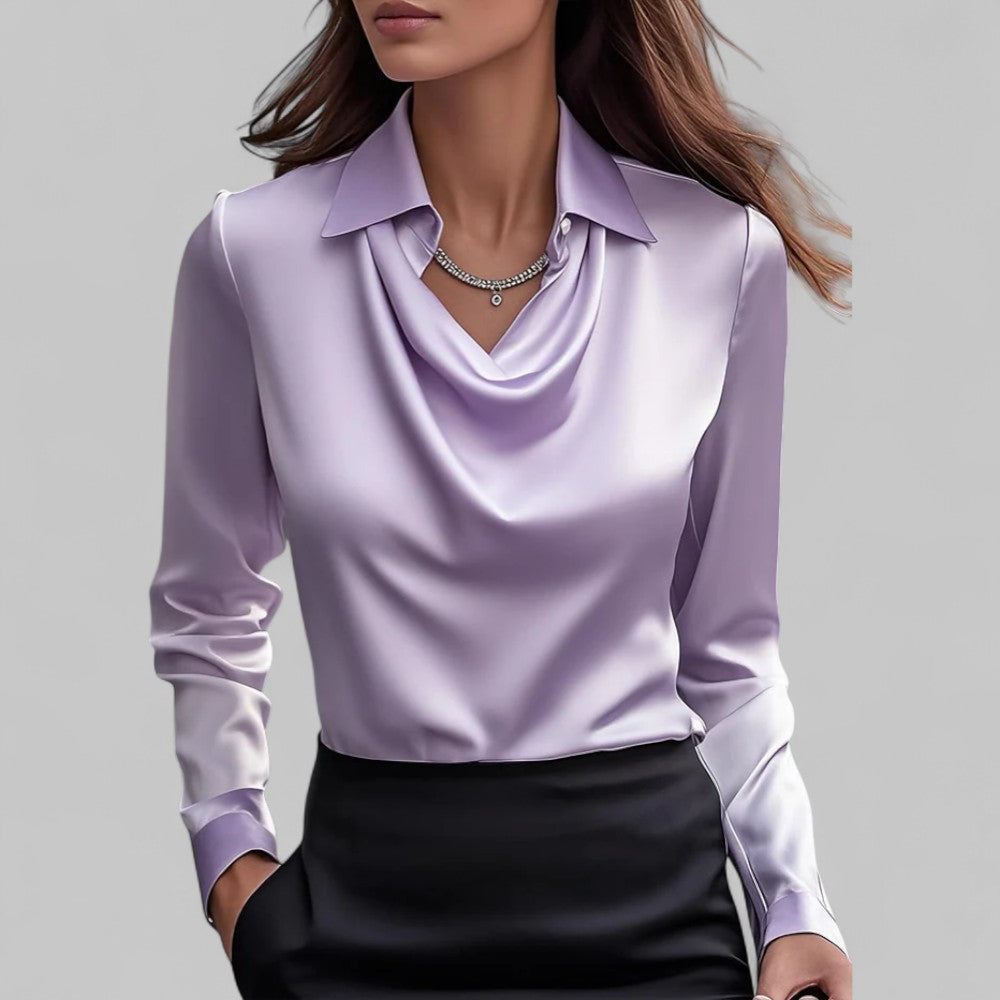 Draped Cowl Neck Blouse with Collar and Long Sleeves for Women