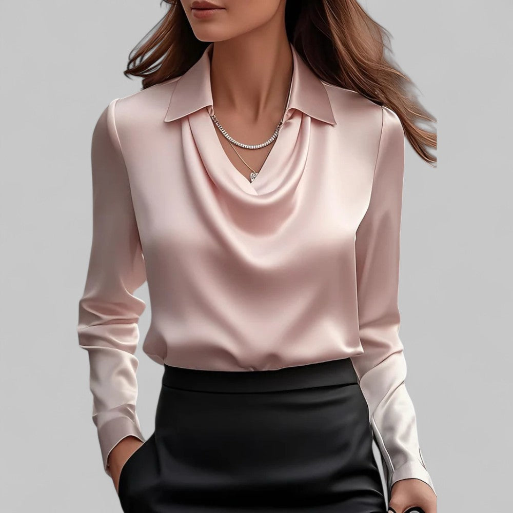 Draped Cowl Neck Blouse with Collar and Long Sleeves for Women